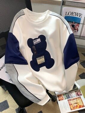 White & Navy Bear Patch Sweatshirt
